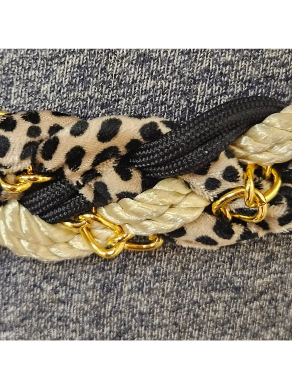 Cinch Belt Womens S/M Black Cord Animal Print Gold Metal Chain Detail 1980s - Picture 4 of 9